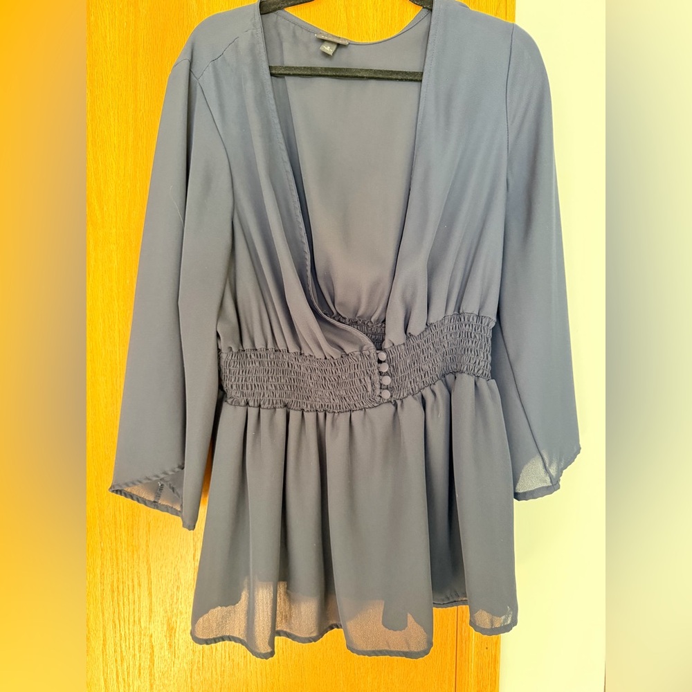 Navy Blue V-Neck Smocked Waist Blouse